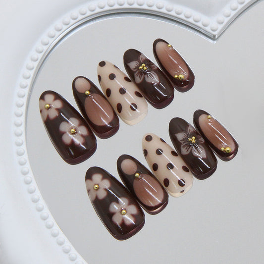 Chic Autumn Elegance Long Almond Brown and Beige Press On Nails with Floral Accents and Gold Dot Embellishments