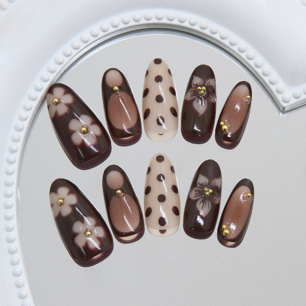 Chic Floral Elegance Long Almond Brown and Beige Press On Nail Set with Gold Accents and Unique Artistry