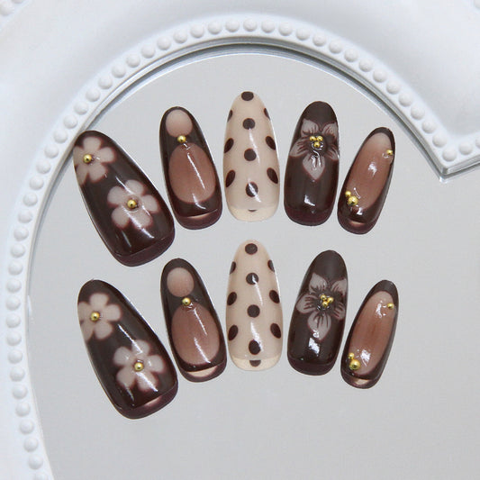 Chic Floral Elegance Long Almond Brown and Beige Press On Nail Set with Gold Accents and Unique Artistry
