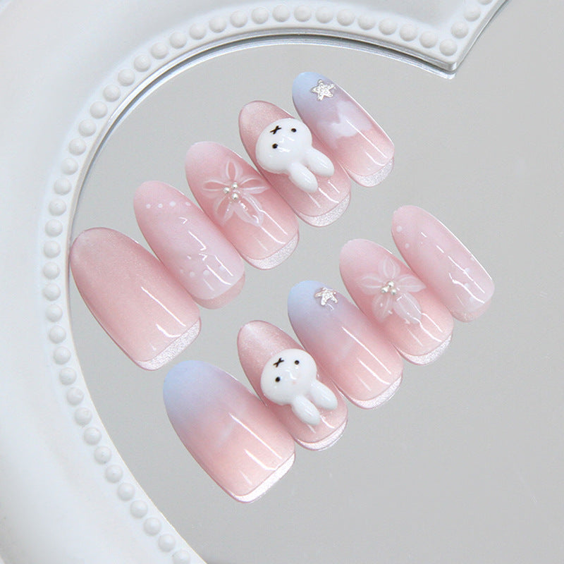 Whimsical Dreamy Long Oval Shaped Soft Pink Gradient Set with Adorable Bunny Accent