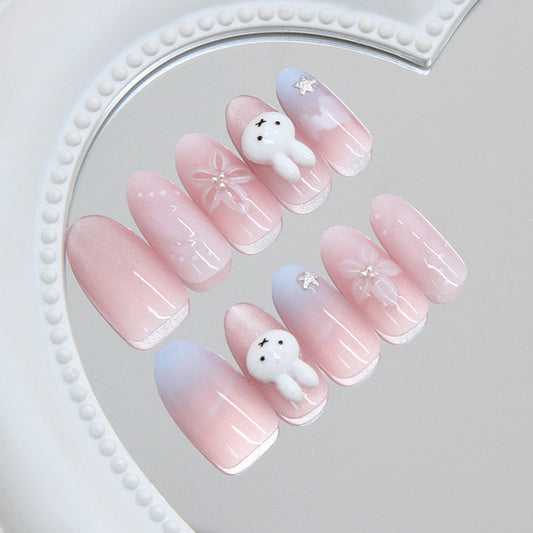 Whimsical Dreamy Long Oval Shaped Soft Pink Gradient Set with Adorable Bunny Accent