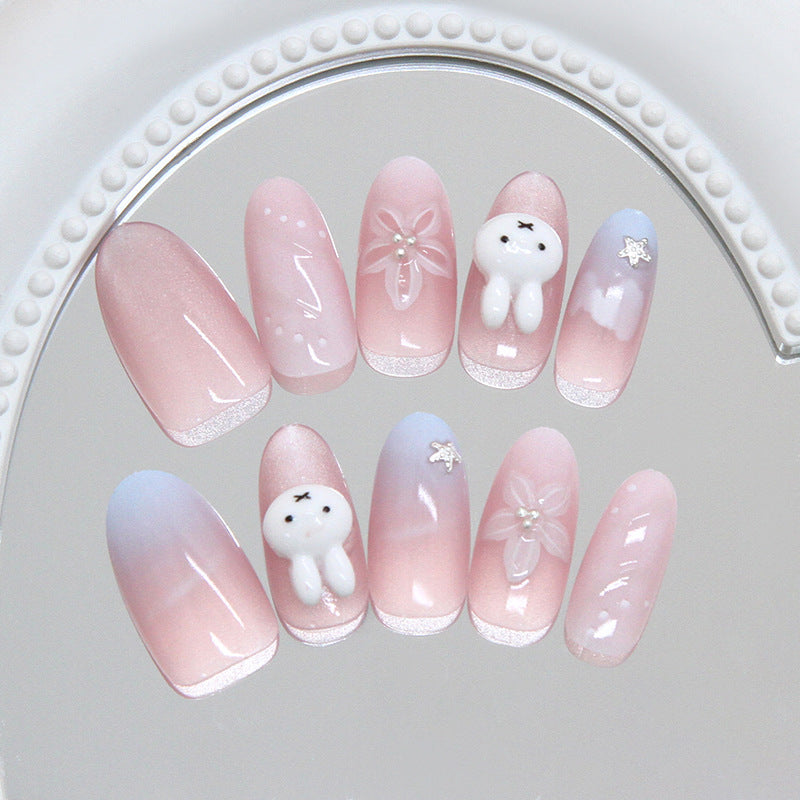 Whimsical Bunny Dreams Long Oval Pink Gradient Press On Nail Set with Cute Bunny and Floral Designs