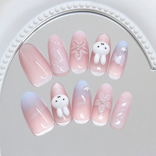 Whimsical Bunny Dreams Long Oval Pink Gradient Press On Nail Set with Cute Bunny and Floral Designs