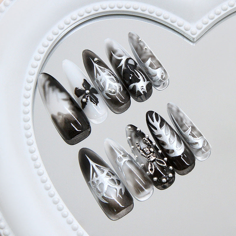 Gothic Twilight Long Stiletto Black and White Press On Nail Set with Intricate Design Elements