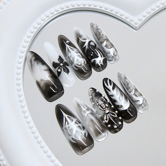 Gothic Twilight Long Stiletto Black and White Press On Nail Set with Intricate Design Elements