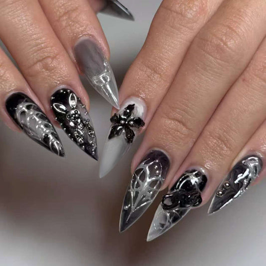 Gothic Elegance Long Stiletto Black and Gray Press On Nail Set with Intricate Metallic Designs