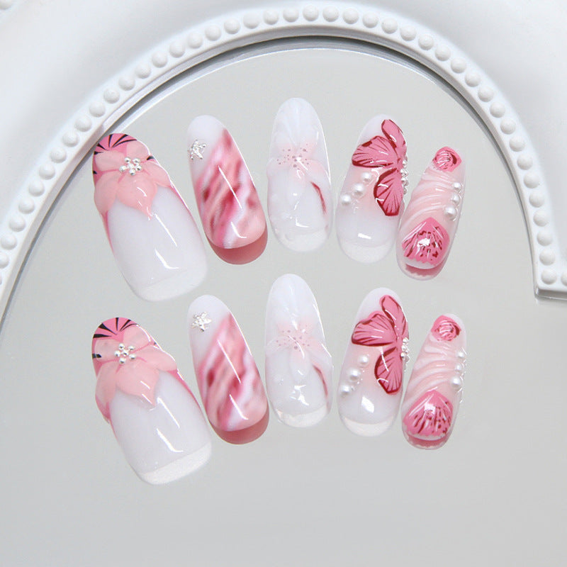 Blossom Elegance Long Almond Pink Decorative Floral Nail Set