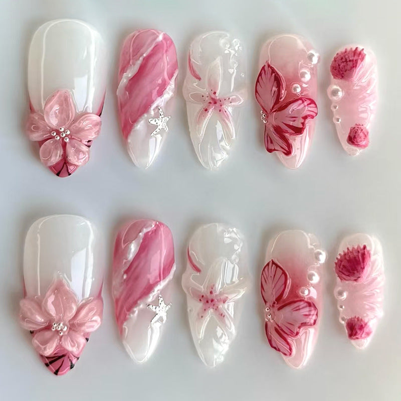 Blossoming Elegance Long Almond Pink Floral Design Press On Nail Set with Pearl Accents