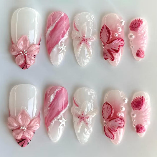 Blossoming Elegance Long Almond Pink Floral Design Press On Nail Set with Pearl Accents