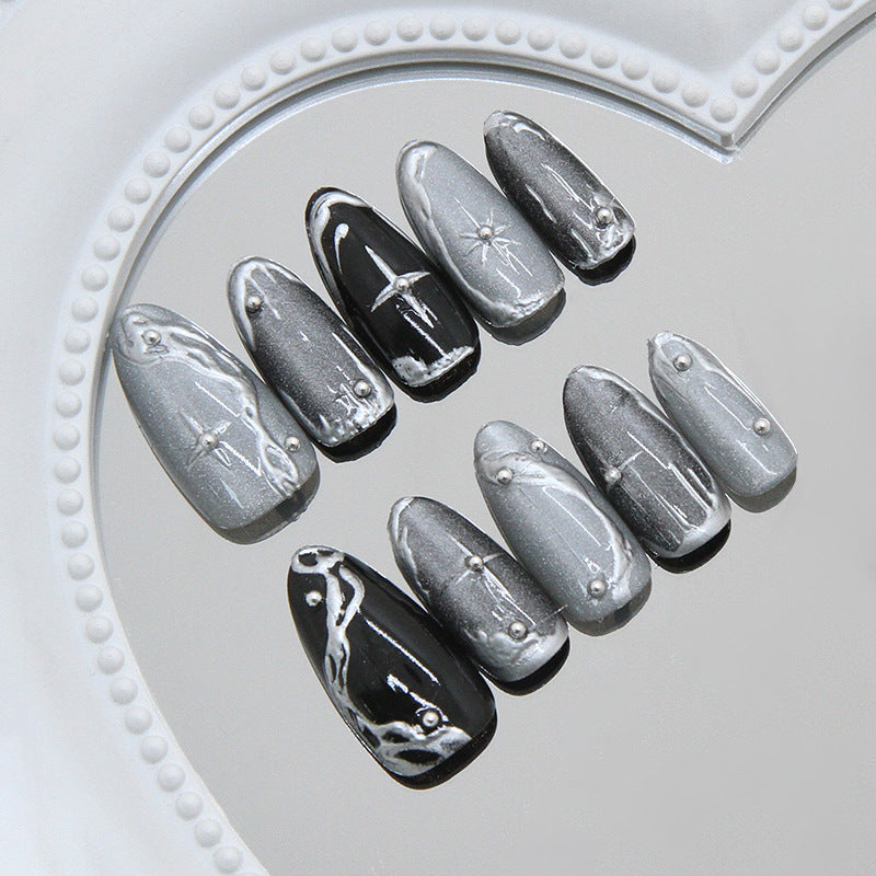 Mystical Elegance Medium Oval Black and Gray Gradient Nails with Dazzling Rhinestones