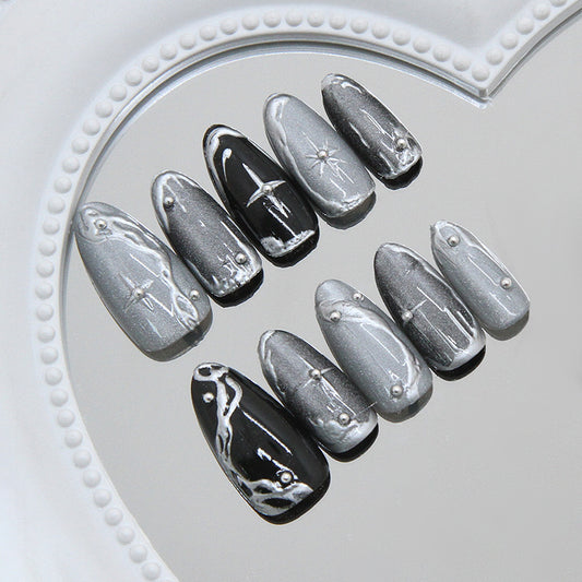 Mystical Elegance Medium Oval Black and Gray Gradient Nails with Dazzling Rhinestones
