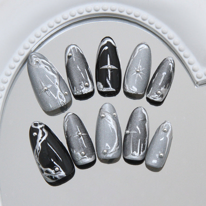 Mystical Elegance Medium Almond Shaped Silver and Black Press On Nail Set with Unique Pearl Accents