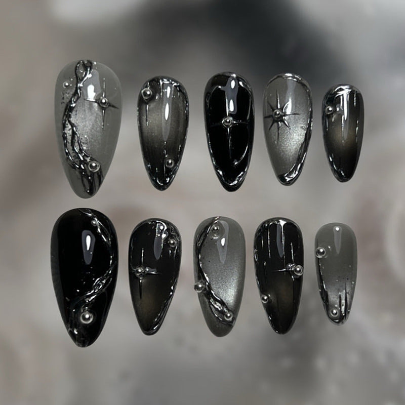Ethereal Shadows Medium Almond Black and Gray Gradient with Metallic Accents Press on Nail Set