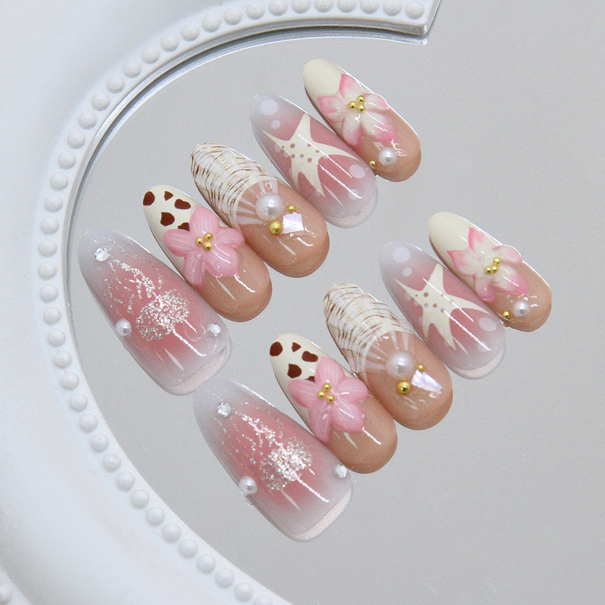 Blossom Beauty Long Almond Pink with Floral Accents and Pearl Embellishments Press On Nail Set