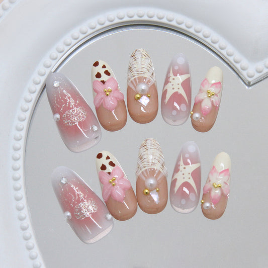 Beachy Elegance Long Almond Pink with Floral Accents and Pearl Embellishments Press On Nail Set