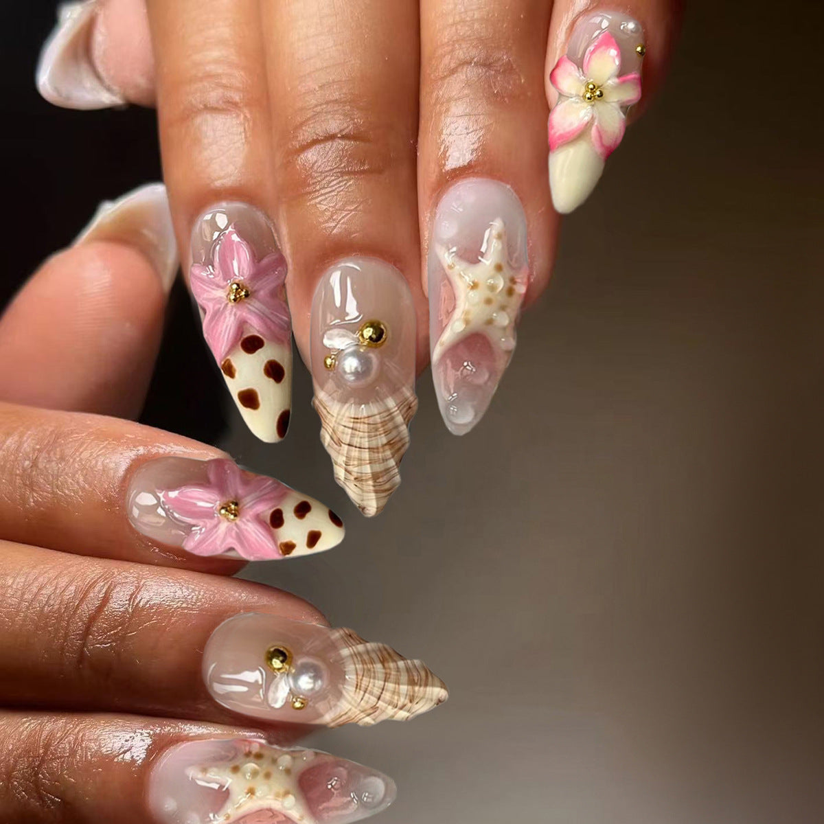 Tropical Ocean Dream Long Almond Clear and Pastel Shell Design with Floral Accents