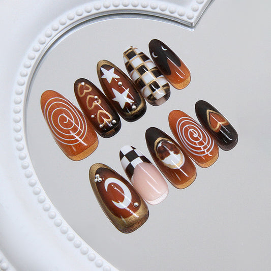 Cozy Autumn Vibes Long Almond Shaped Brown Gradient Artistic Nail Set with Unique Designs