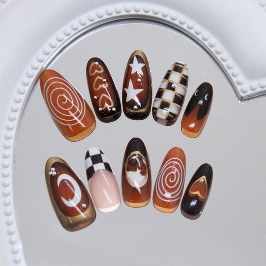 Chic Autumn Vibes Long Almond Brown Nails with Unique Artistic Designs