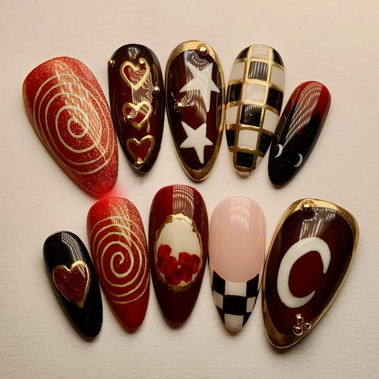Glamorous Romance Long Almond Red Glittering Designs with Gold Accents and Unique Patterns Press-On Nail Set