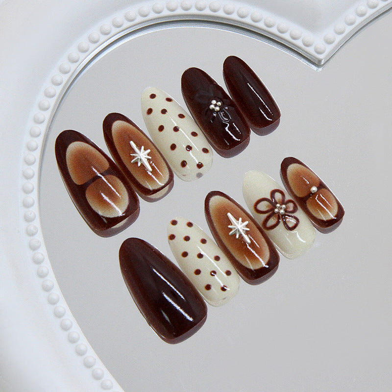 Chocolate Delight Velvet Long Almond and Coffeenut Tipped Nail Set with Elegant Floral and Star Accents