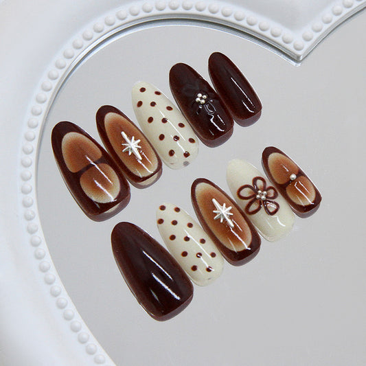 Chocolate Delight Velvet Long Almond and Coffeenut Tipped Nail Set with Elegant Floral and Star Accents
