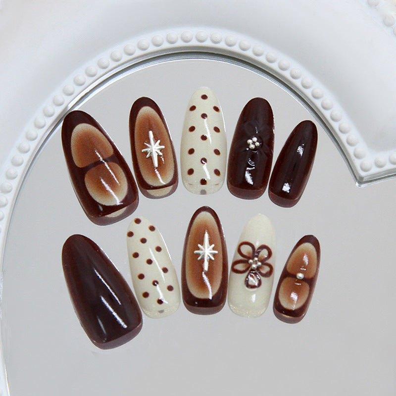 Chic Espresso Elegance Long Almond Shape Brown and Cream Glossy Finish with Stunning Floral and Star Accents Press On Nail Set