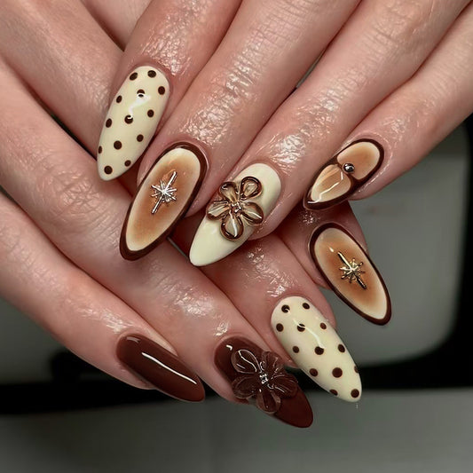 Chocolate Delight Long Almond Shaped Cream and Brown Glossy Press-On Nail Set with Floral Accents