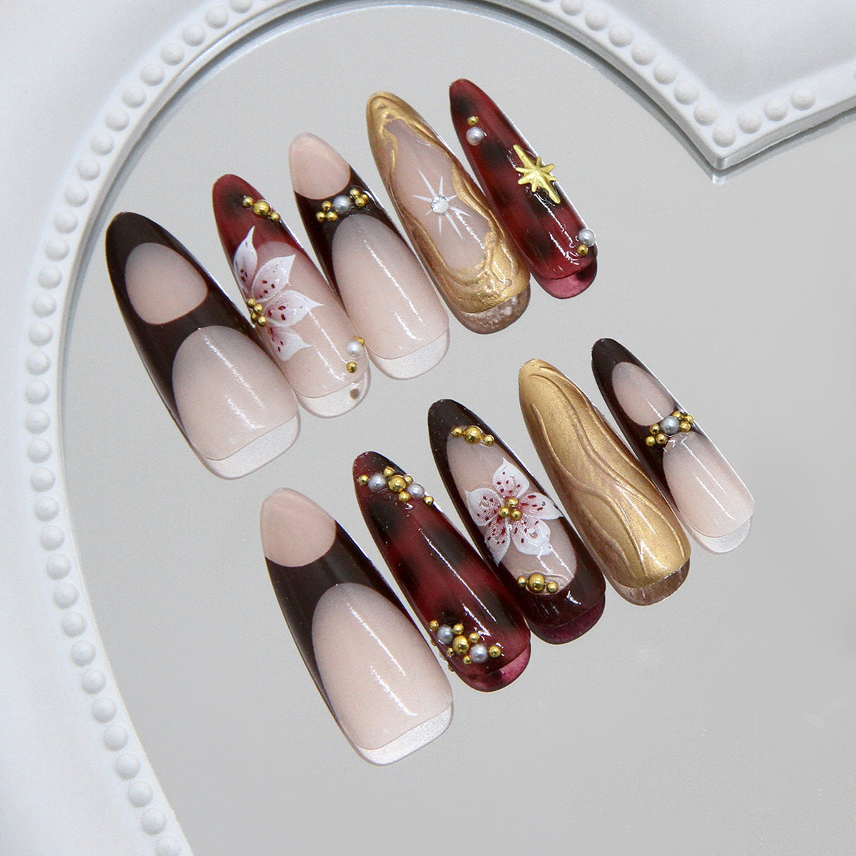 Charming Floral Elegance Long Almond Burgundy and Beige Gradient with Gold Accents and Hand-Painted Floral Design Press-On Nail Set