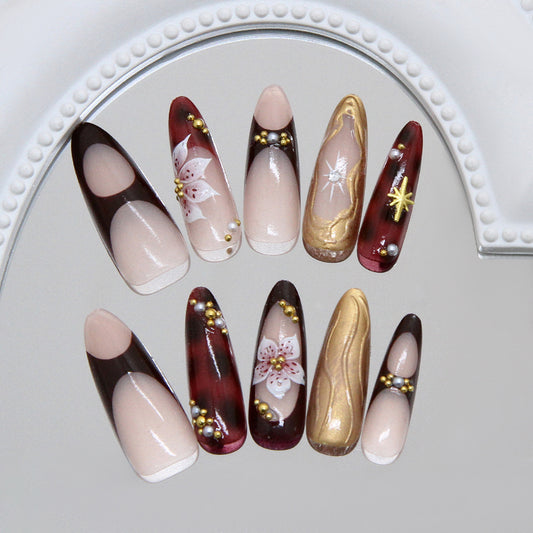 Chic Autumn Elegance Long Almond Burgundy and Beige Press-On Nail Set with Floral Accents and Gold Detailing