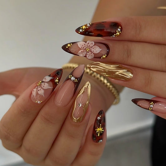 Glamorous Ombre Long Almond Burgundy Press-On Nail Set with Floral Accents and Gold Detailing