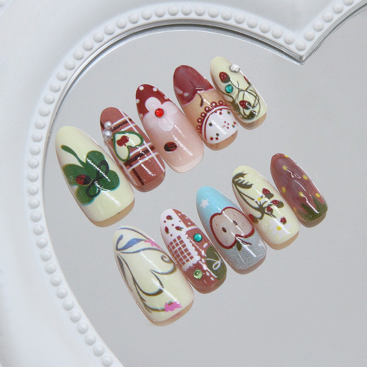 Charming Autumn Inspired Long Almond Soft Yellow and Brown Floral Art Press On Nail Set