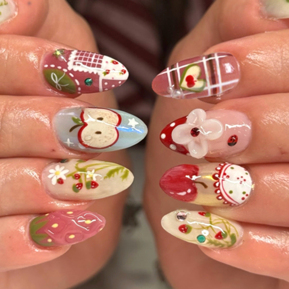 Whimsical Garden Inspired Long Almond Multicolored Press On Nail Set with Unique Floral and Fruit Designs
