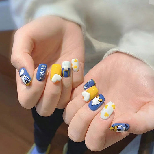 Duck Delight Short Round Yellow Blue Press On Nail Set with Cartoon Accents