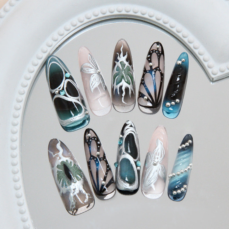 Mystical Garden Long Almond Press On Nail Set in Deep Green Elegant Black and Stunning Blue with Unique Artistic Design
