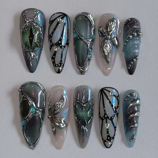 Mystical Garden Long Almond Ombre Gray and Iridescent Nail Set with Intricate Metallic Accents