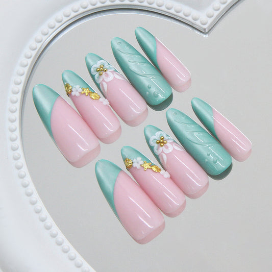 Spring Blossom Dream Long Stiletto Dual Tone Pink and Teal with Floral Embellishments Press On Nail Set