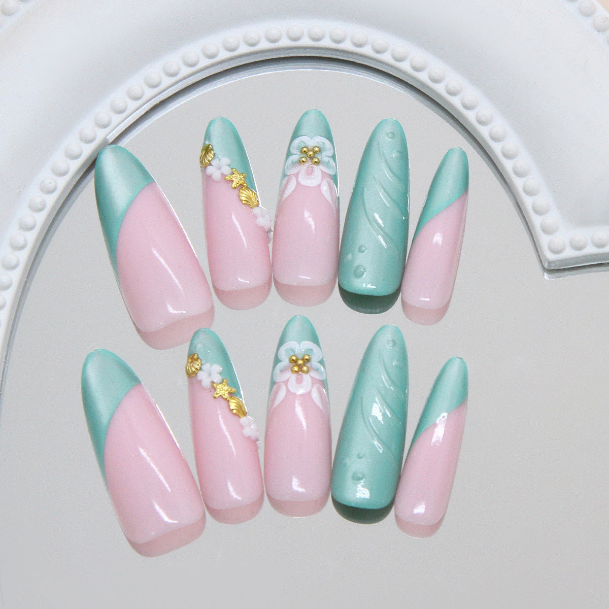 Charming Spring Blossom Long Almond Pink and Teal Nail Set with Floral Accents and Shimmering Details