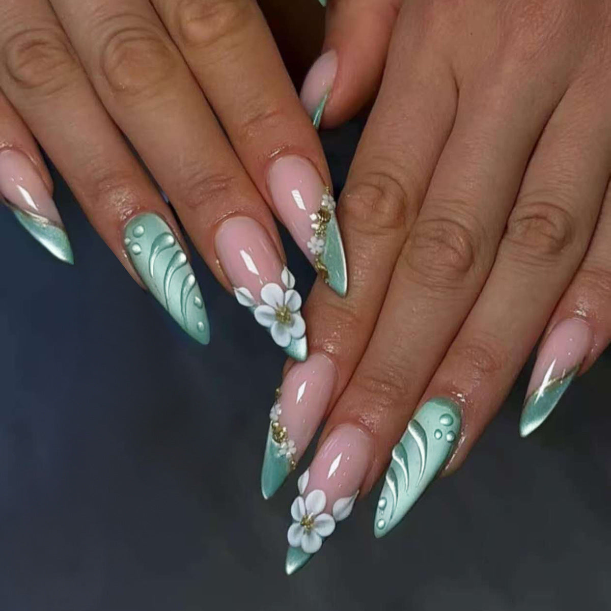 Whimsical Spring Fantasy Long Stiletto Mint Green with Floral and Textured Accents Press On Nail Set