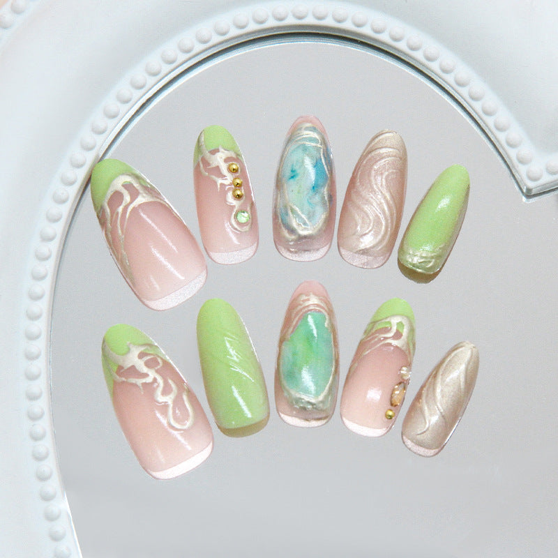 Tropical Paradise Long Almond Green and Pink Marble Press On Nail Set with Glamorous Gem Accents