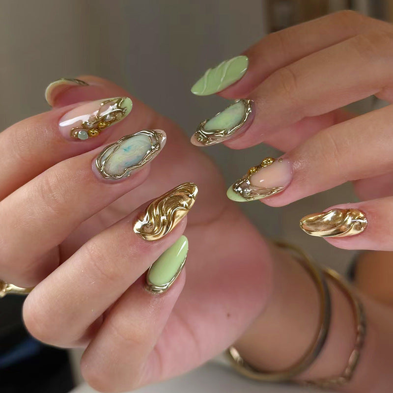 Artistic Elegance Long Almond Shaped Green and Pink Marble Press On Nail Set with Gold Accent Design