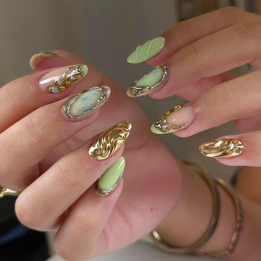 Artistic Elegance Long Almond Shaped Green and Pink Marble Press On Nail Set with Gold Accent Design