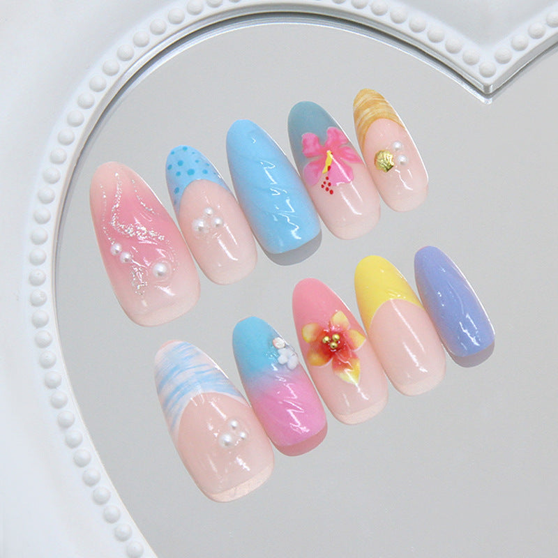 Ocean Breeze Long Almond Shaped Pastel Blue and Pink Press On Nail Set with Floral Accents