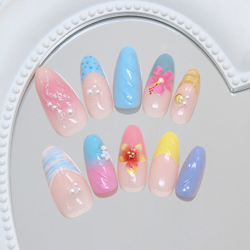 Tropical Paradise Long Almond Multi-Color Floral Accent Press On Nail Set