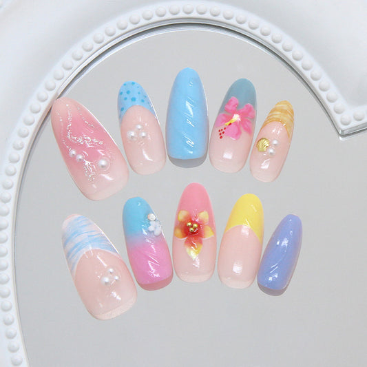 Tropical Paradise Long Almond Multi-Color Floral Accent Press On Nail Set