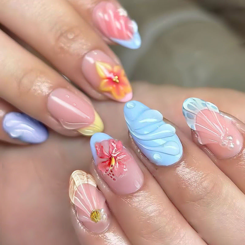 Tropical Bloom Long Almond Pastel Colorful Flower Design Press On Nail Set