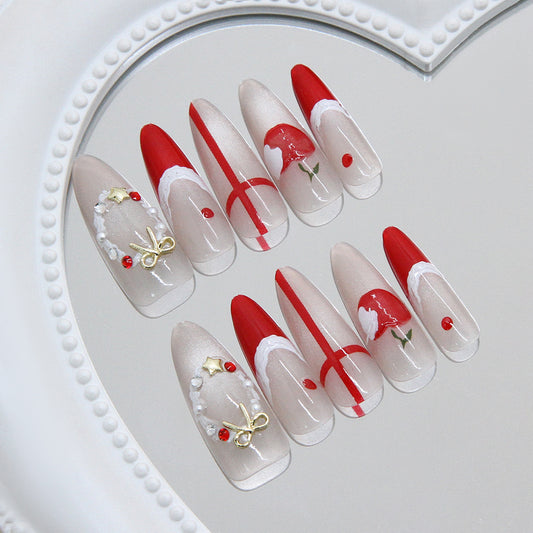 Festive Elegance Long Almond Red and Beige Press-On Nail Set with Charming Holiday Details