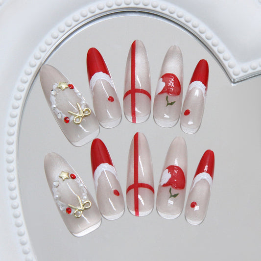Festive Winter Wonderland Long Almond Red and Clear with Charming Holiday Designs Press On Nail Set
