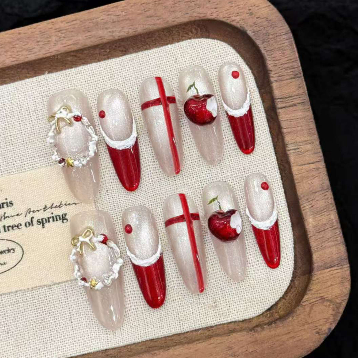 Whimsical Enchantment Long Almond Clear and Red with Apple and Bow Details Press on Nail Set