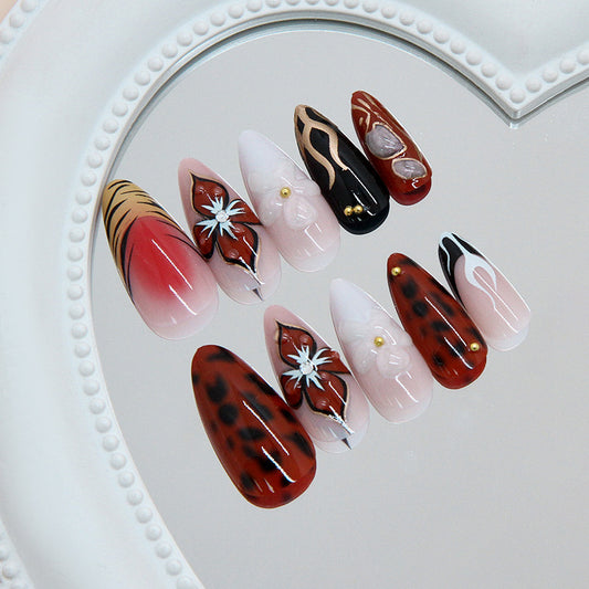 Bohemian Elegance Long Almond Red and Black Leopard Print with Flower Accents Press On Nail Set