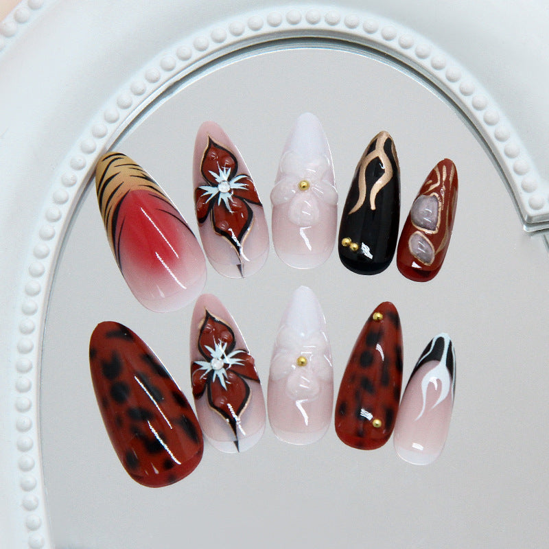 Safari Chic Long Almond Burgundy with Floral Accents and Glossy Finish Press on Nail Set